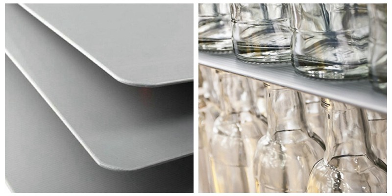 Food grade PP hollow board for beverage production factory, grey corrugated plastic sheet used as shelf board for glass bottles, smooth rounded edge